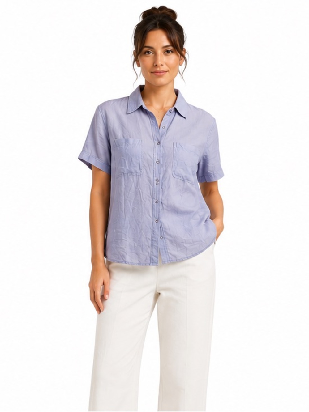 Galliano 100% Silk Button Front Blouse Womens Medium Lavender Short Sleeve Shirt